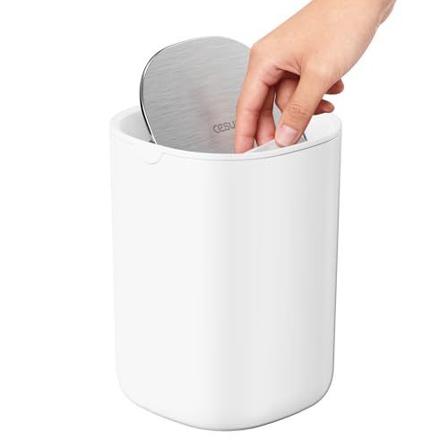 Cesun Mini Desktop Trash Can with Swing Lid, 0.4 Gallon Small Desk Trash Can, Countertop Wastebasket, Modern Tiny Tabletop Bin for Home Office, Makeup Area, or Car Interior (White) - Image 1