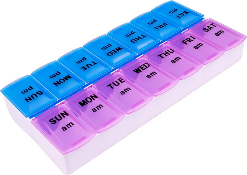 Apex Twice-A-Day Weekly Pill Organizer, Weekly Pill Organizer, 2 Times a Day Color-Coded, Easy-Open, See-Through Lids, Organize Medication or Vitamins by AM, PM or Morning and Bedtime, Assorted