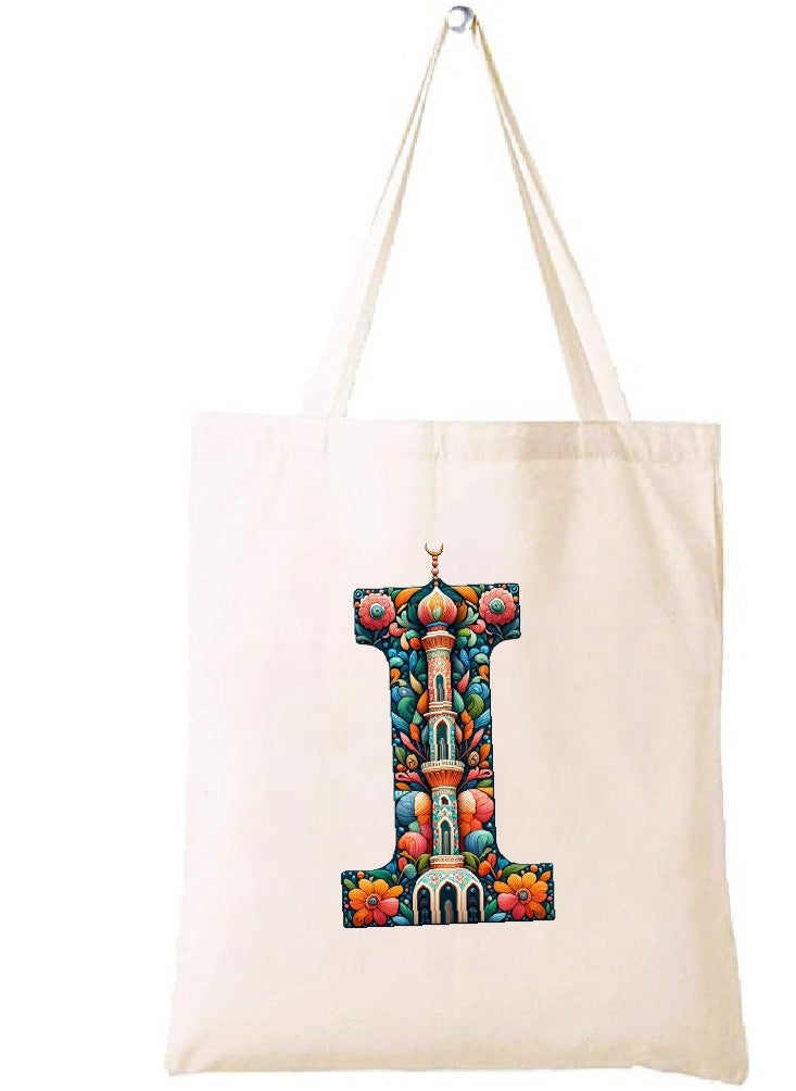 PRINTSHOP4ME Initial Monogram Tote Bag - Cotton Tote with Initial Design Printed - Perfect for School, Travel and Birthday Gift - Eco-Friendly Canvas Cotton Tote Bag for Women - Gift for Ramadan  - Image 1