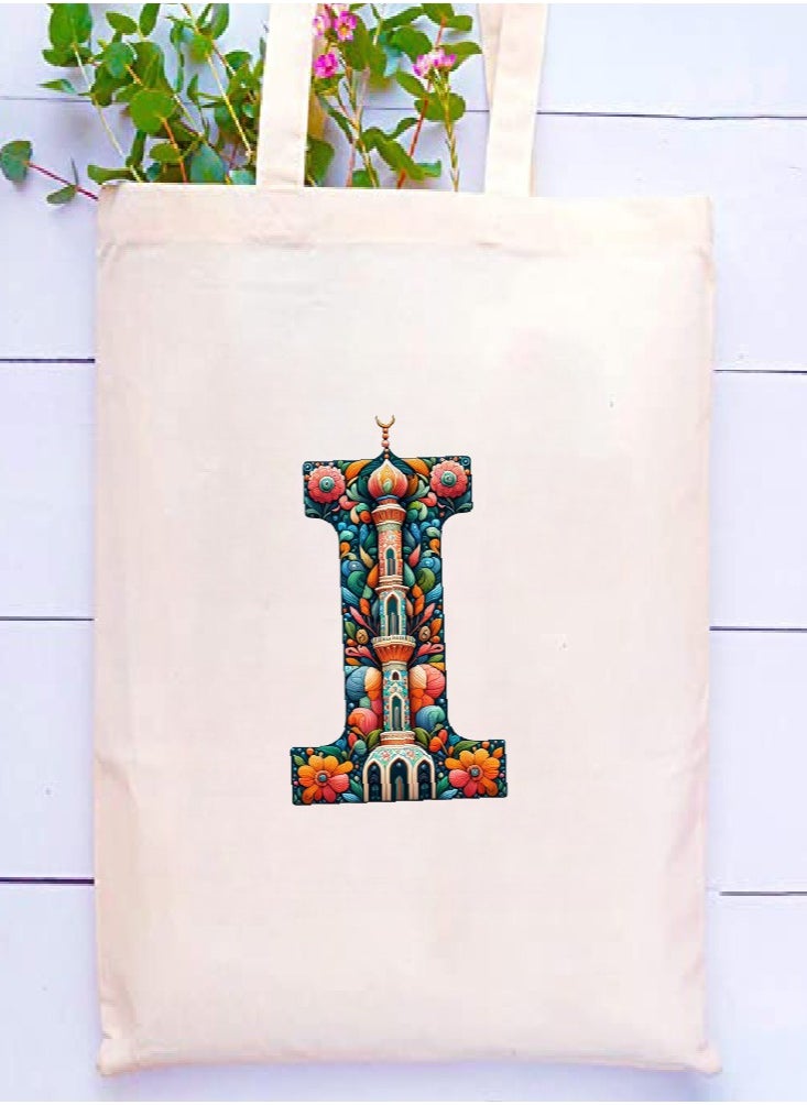 PRINTSHOP4ME Initial Monogram Tote Bag - Cotton Tote with Initial Design Printed - Perfect for School, Travel and Birthday Gift - Eco-Friendly Canvas Cotton Tote Bag for Women - Gift for Ramadan  - Image 2
