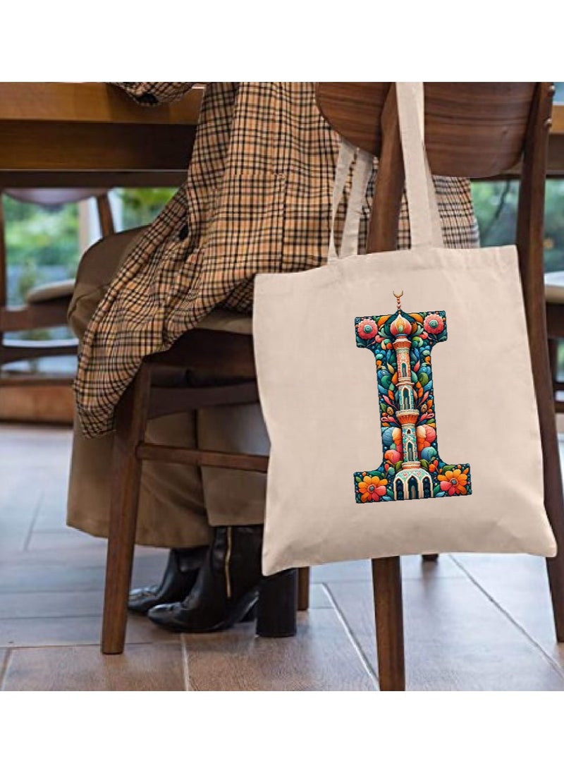 PRINTSHOP4ME Initial Monogram Tote Bag - Cotton Tote with Initial Design Printed - Perfect for School, Travel and Birthday Gift - Eco-Friendly Canvas Cotton Tote Bag for Women - Gift for Ramadan  - Image 3