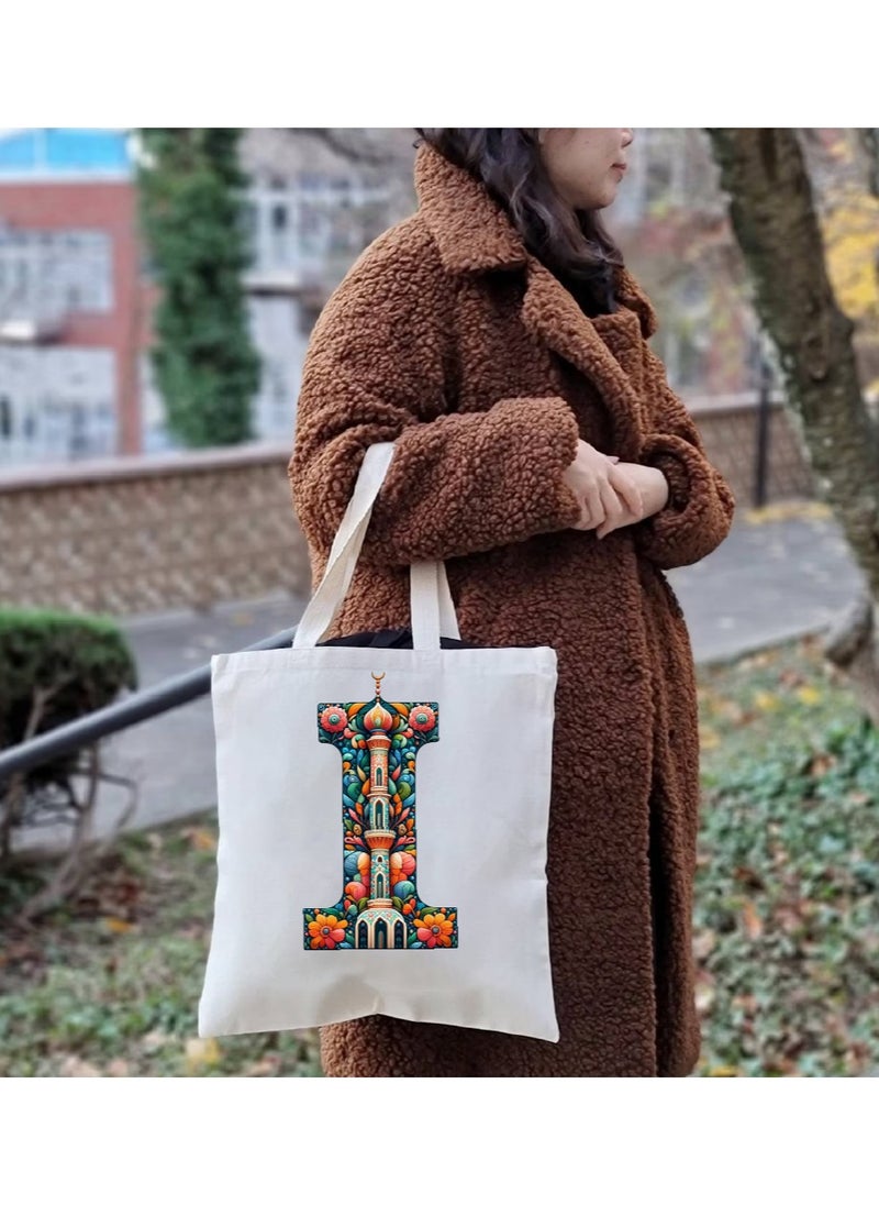 PRINTSHOP4ME Initial Monogram Tote Bag - Cotton Tote with Initial Design Printed - Perfect for School, Travel and Birthday Gift - Eco-Friendly Canvas Cotton Tote Bag for Women - Gift for Ramadan  - Image 5