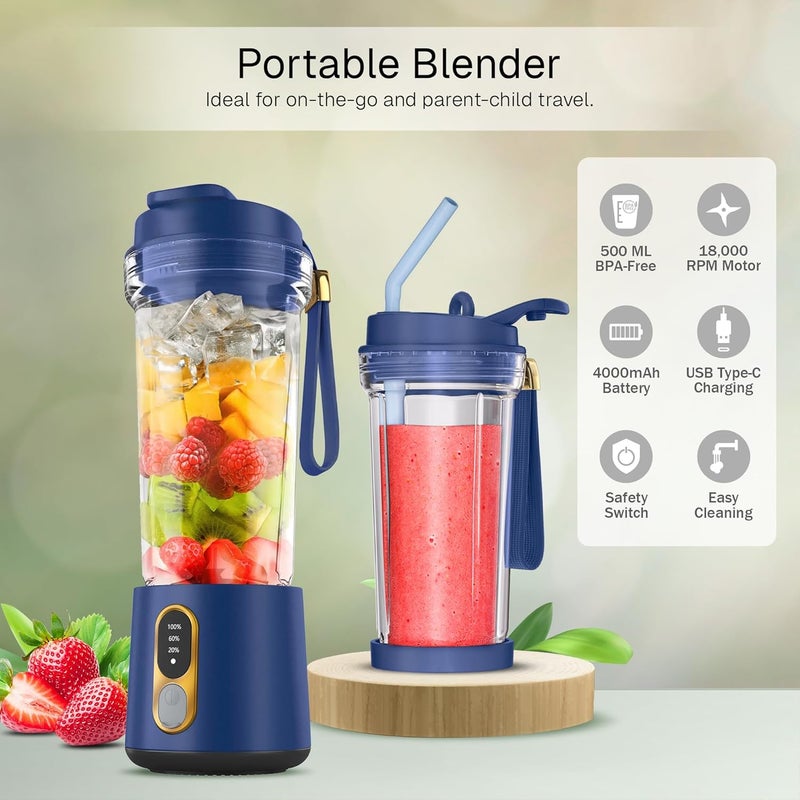 Home Basic خلاط محمول HOMEBASIC R100 للعصائر للمطبخ - للعصائر والسموذي والشيك - سحق الثلج - طعام الأطفال - 18000 دورة في الدقيقة - محرك 300 واط - بطارية 4000 مللي أمبير - وعاء 500 مل خالي من BPA - شفرات حادة من الفولاذ المقاوم للصدأ - أزرق فاخر - Image 2