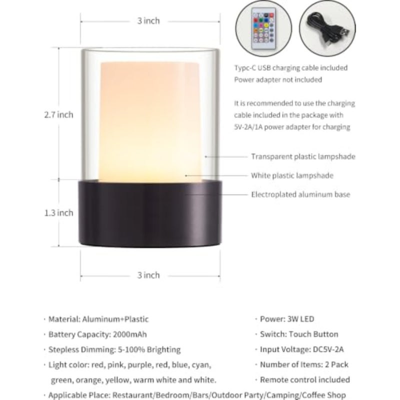 4 "RGB أسود مصباح طاولة لاسلكي 2 حزمة، مصباح LED خارجي قابل لإعادة الشحن، يعمل بالبطارية، محمول، ضوء ليلي يعمل باللمس لغرفة الطعام، التخييم، البار، الحفلات، السرير، غرفة النوم، ديكور المنزل، هدية - Image 5