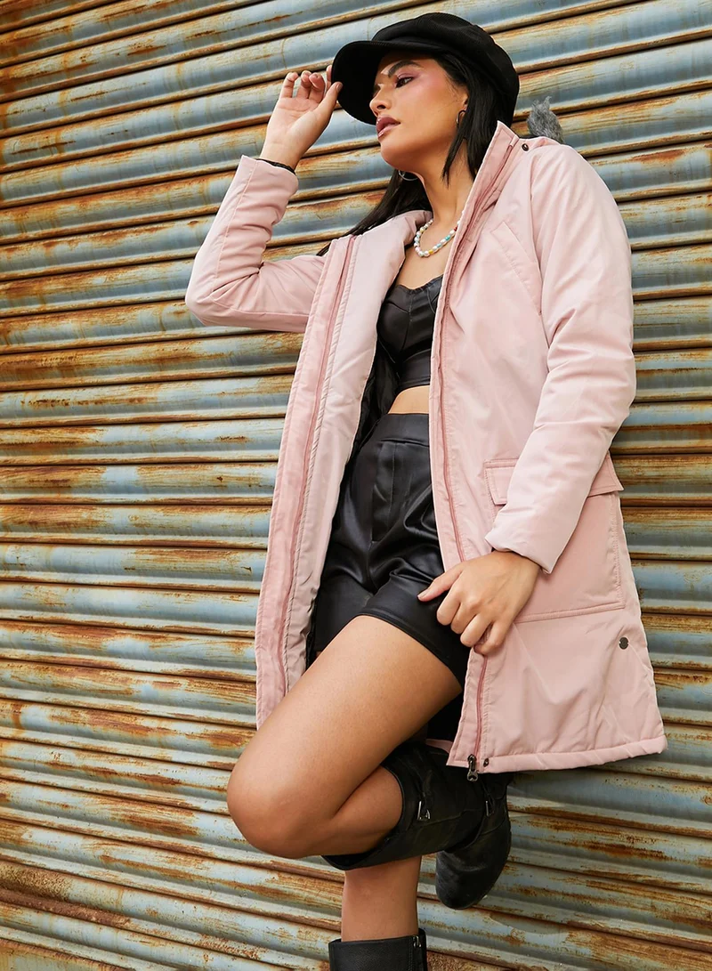Women's Baby Pink Long Puffer Jacket With Fur Detail