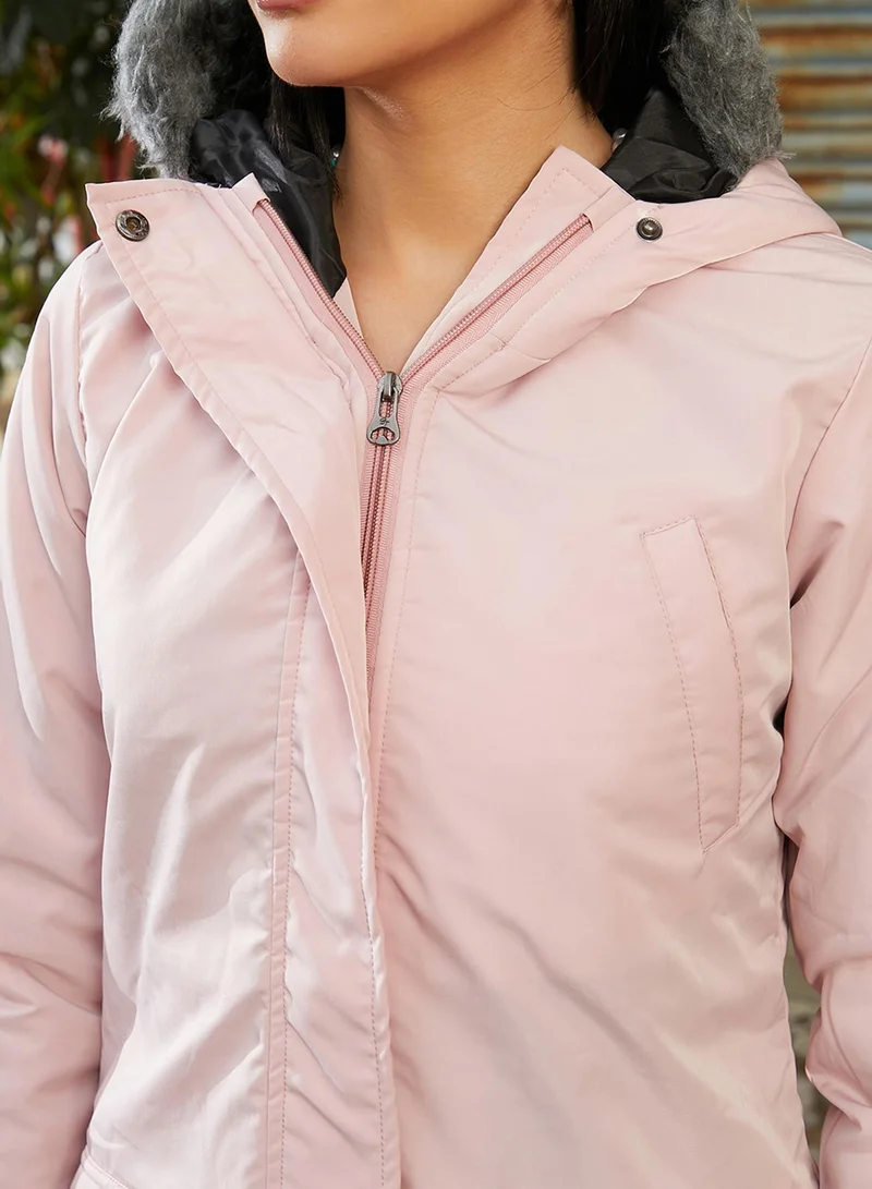 Pinacolada  Women's Baby Pink Long Puffer Jacket With Fur Detail for Women | Best Price UAE