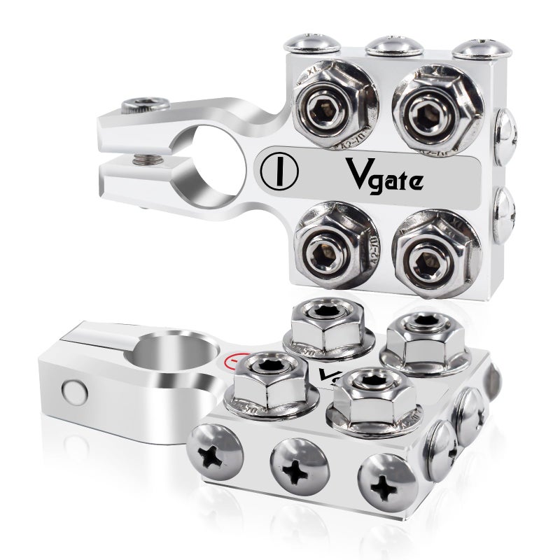 Vgate 12-Way AGM Post Terminal Ends, Battery Terminal Connector Clamps, 8AWG up to 4/0(XL) AWG Gauge, Positive & Negative for SAE/DIN/EN Tapered Top Post - Image 1