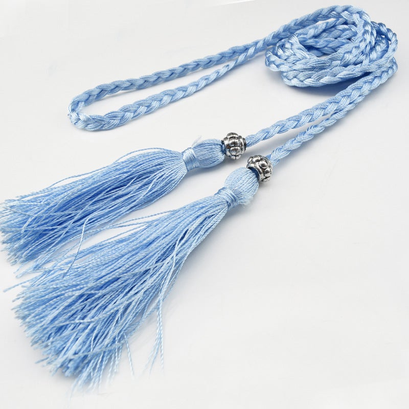 Braided Tassel Belt Ladies Skinny Butterfly Knot Light Blue 