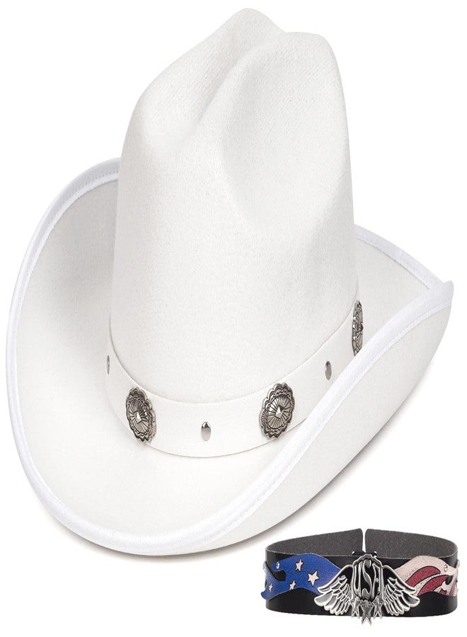 FADACHY Cowboy Hats for Women & Men Felt Cowgirl Hat with Belt Buckle Wide Brim Western Hat, White Cowboy Hat - Image 1