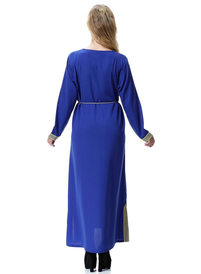 Loquat Women's Long Sleeve Maxi Long Casual Dress Robe With Belt Blue/Gold  - Image 3