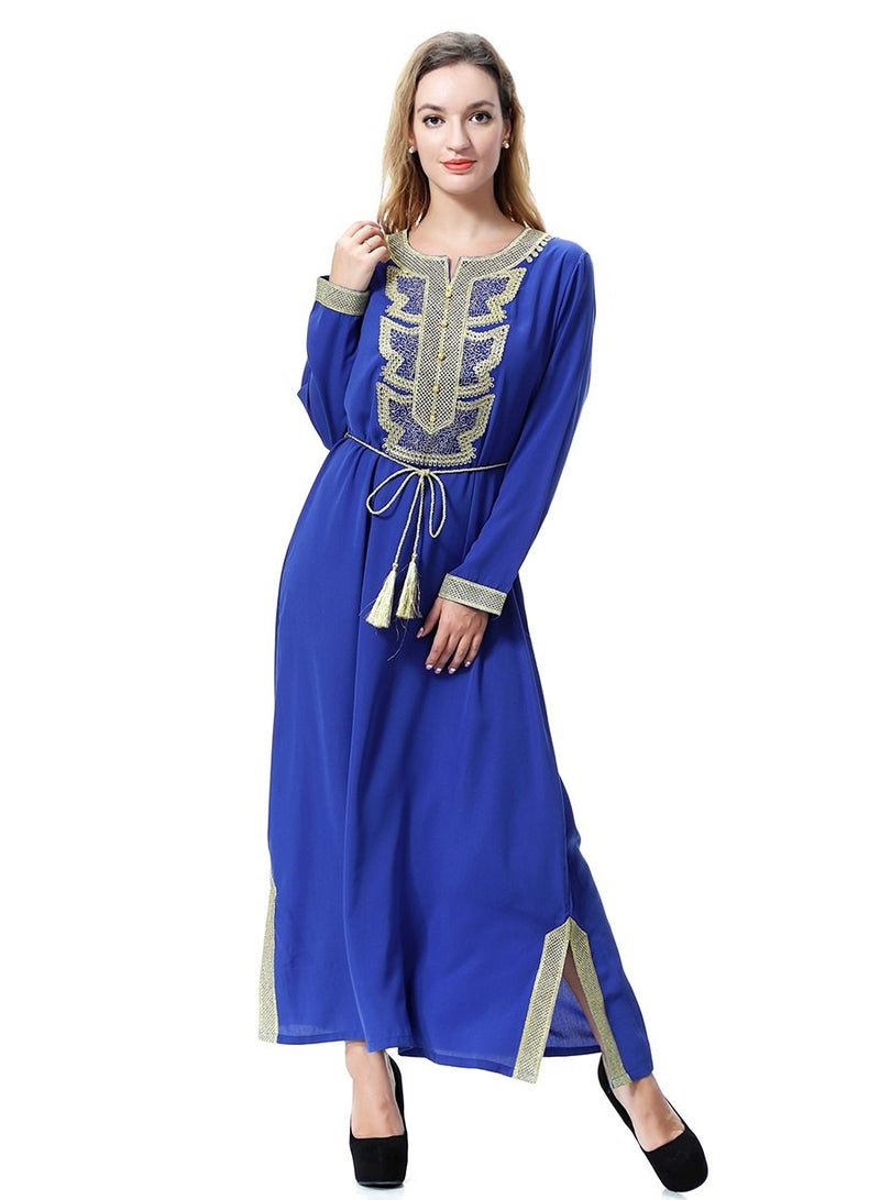 Loquat Women's Long Sleeve Maxi Long Casual Dress Robe With Belt Blue/Gold  - Image 2
