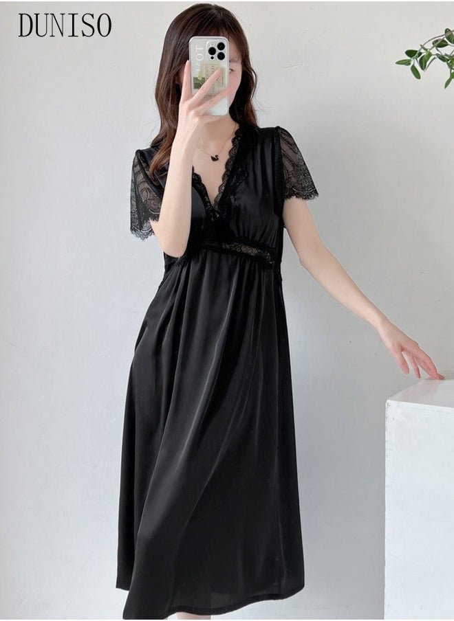 DUNISO - Women's Short Sleeve Nightgown Lace Pajama Dress Sleepwear Girls Comfortable V Neck Nightwear Summer Home Wear Lounge Dress - Image 1