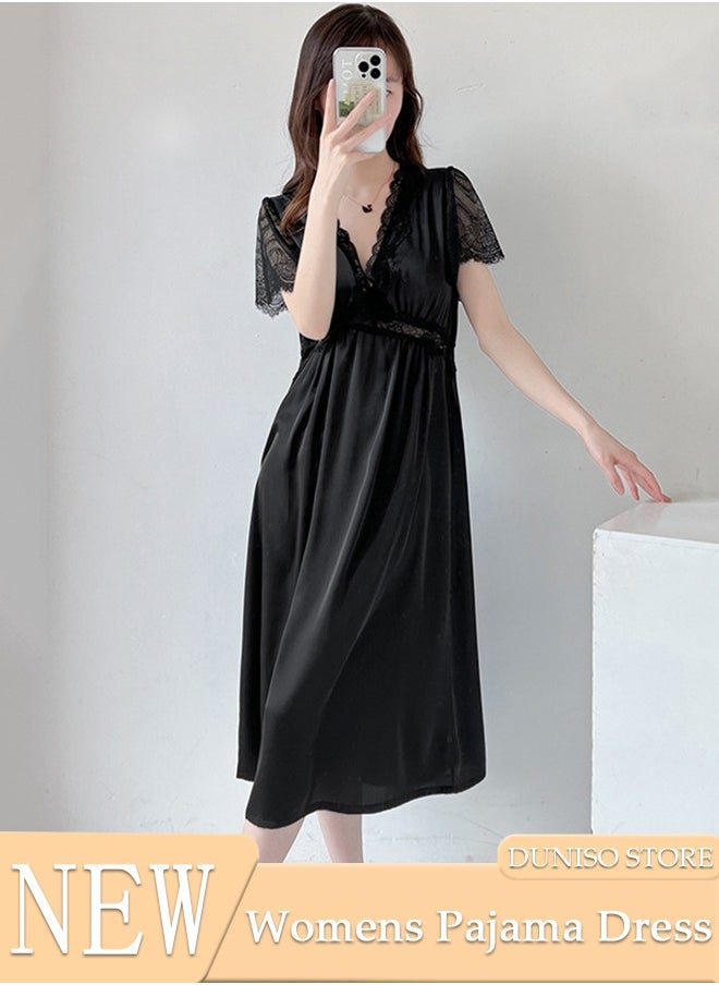 DUNISO Women's Short Sleeve Nightgown Lace Pajama Dress Sleepwear Girls Comfortable V Neck Nightwear Summer Home Wear Lounge Dress  - Image 1