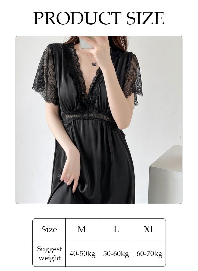 DUNISO Women's Short Sleeve Nightgown Lace Pajama Dress Sleepwear Girls Comfortable V Neck Nightwear Summer Home Wear Lounge Dress  - Image 2