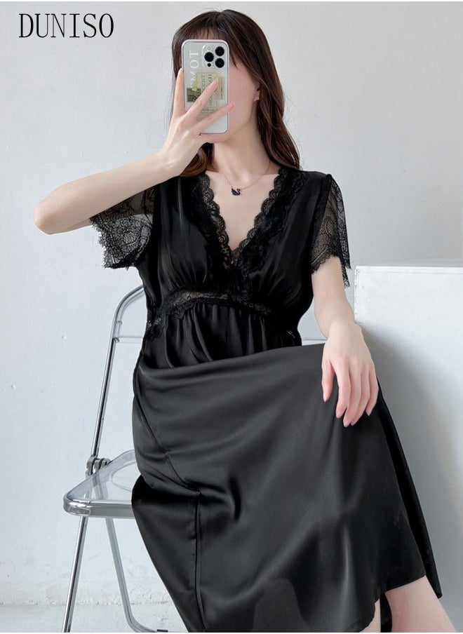 DUNISO - Women's Short Sleeve Nightgown Lace Pajama Dress Sleepwear Girls Comfortable V Neck Nightwear Summer Home Wear Lounge Dress - Image 1