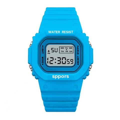 Multifunctional Sports Digital Watch with Alarm, Waterproof, Luminous Display and Solid Matcha Green Color light blue