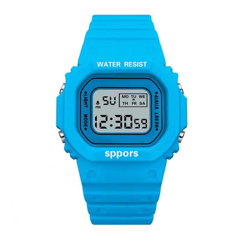 Multifunctional Sports Digital Watch with Alarm, Waterproof, Luminous Display and Solid Matcha Green Color light blue