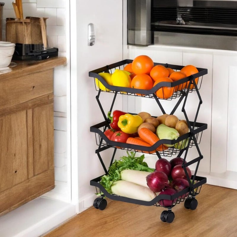 Go Hooked Foldable 3Tier Metal Fruits and Vegetables Storage Basket with Wheels for Home Multipurpose Rolling Metal Storage Rack Fruit Basket Black - Image 1