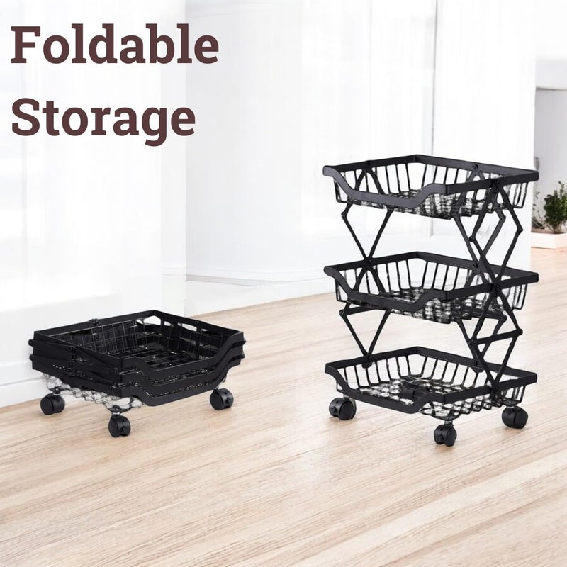 Go Hooked Foldable 3Tier Metal Fruits and Vegetables Storage Basket with Wheels for Home Multipurpose Rolling Metal Storage Rack Fruit Basket Black - Image 2