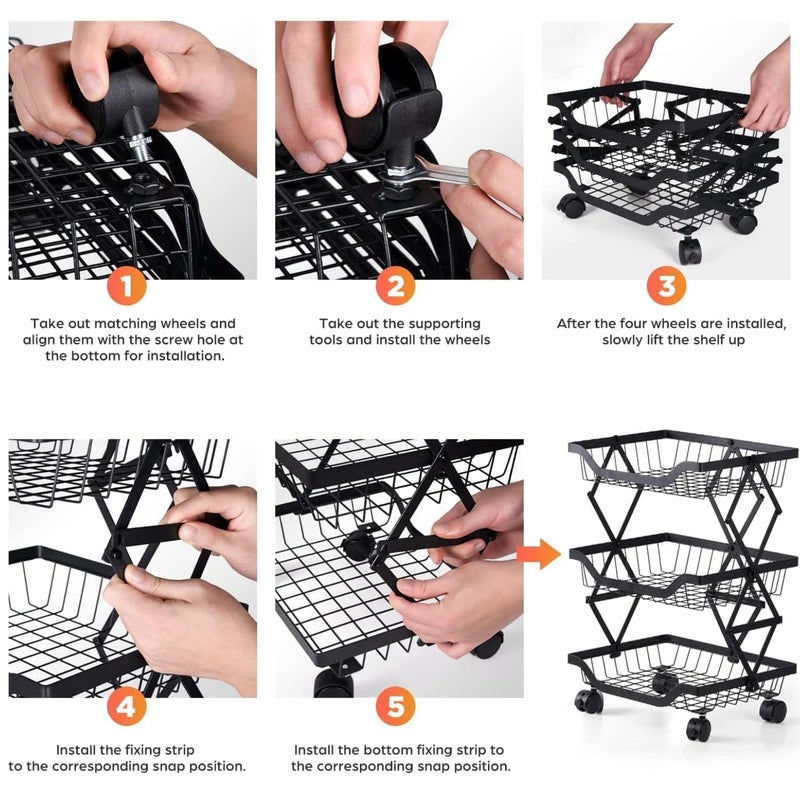 Go Hooked Foldable 3Tier Metal Fruits and Vegetables Storage Basket with Wheels for Home Multipurpose Rolling Metal Storage Rack Fruit Basket Black - Image 4
