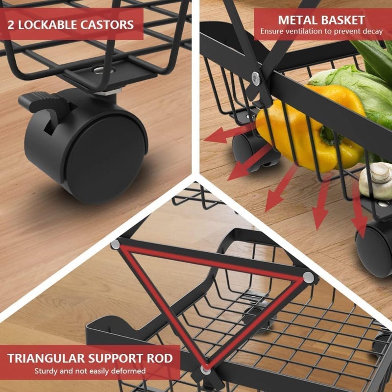 Go Hooked Foldable 3Tier Metal Fruits and Vegetables Storage Basket with Wheels for Home Multipurpose Rolling Metal Storage Rack Fruit Basket Black - Image 5