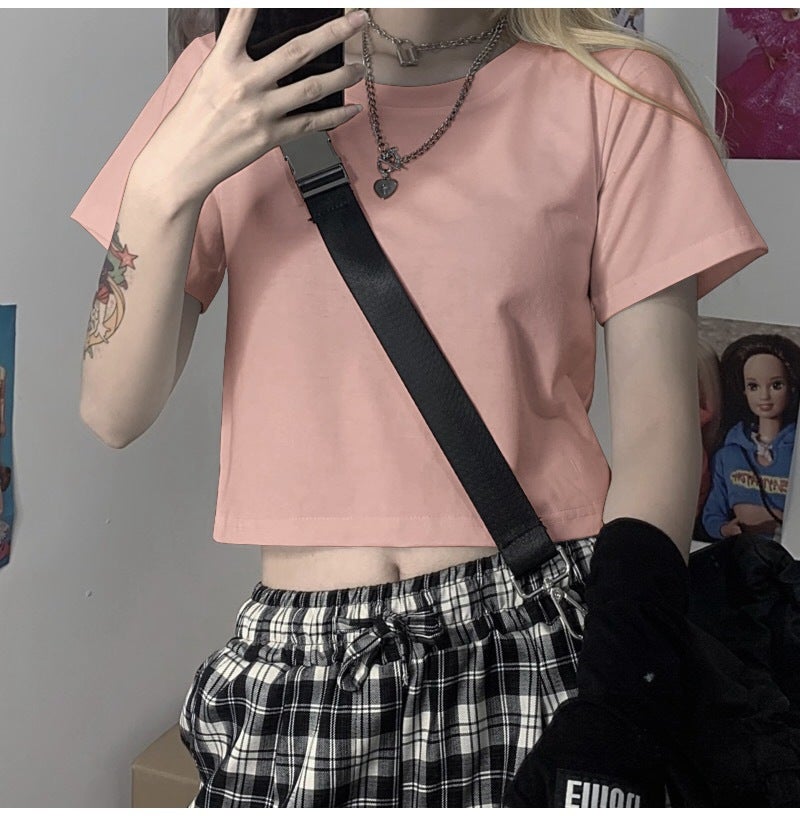 Sweet and Spicy Style Womens 2022 Short Short Sleeve Candy Color High Waist Navel Exposure Solid Color Top Girls Summer T-shirt for Students Pink