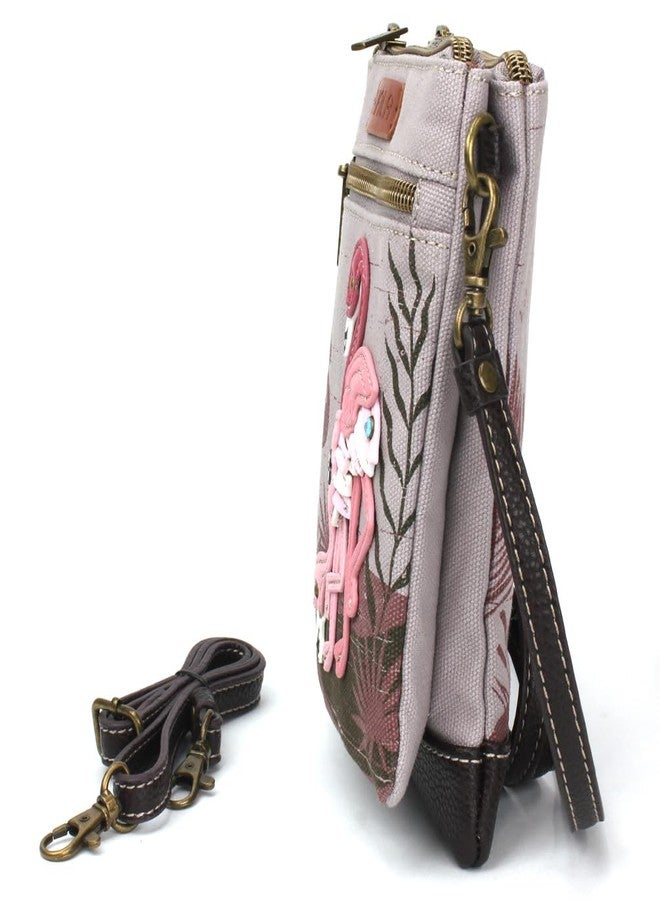 CHALA Double Pocket Xbody Women RFID Protected Canvas Crossody Purse with Adjustable Strap - Flamingo Group - gray - Image 3