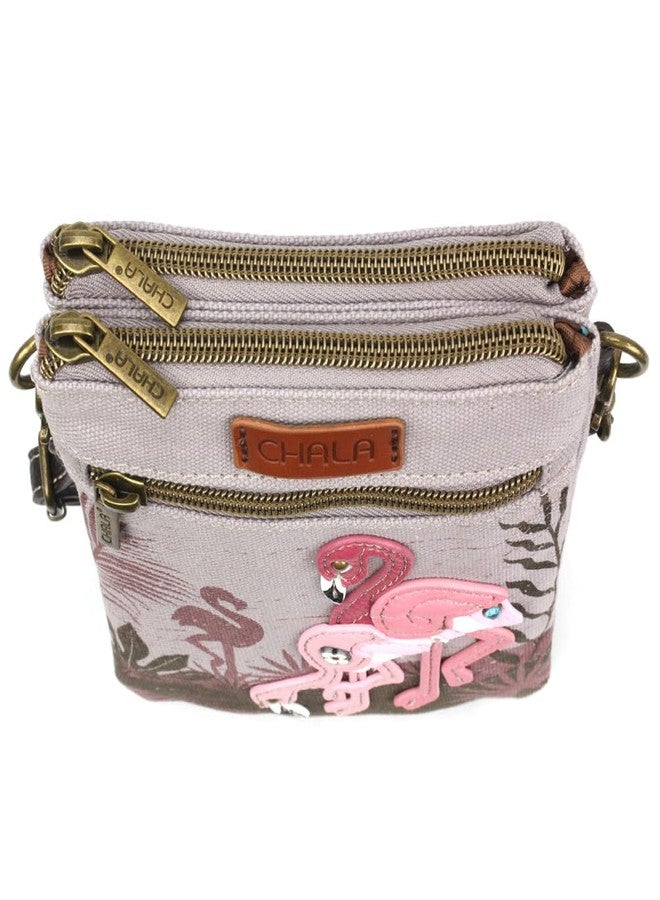 CHALA Double Pocket Xbody Women RFID Protected Canvas Crossody Purse with Adjustable Strap - Flamingo Group - gray - Image 4