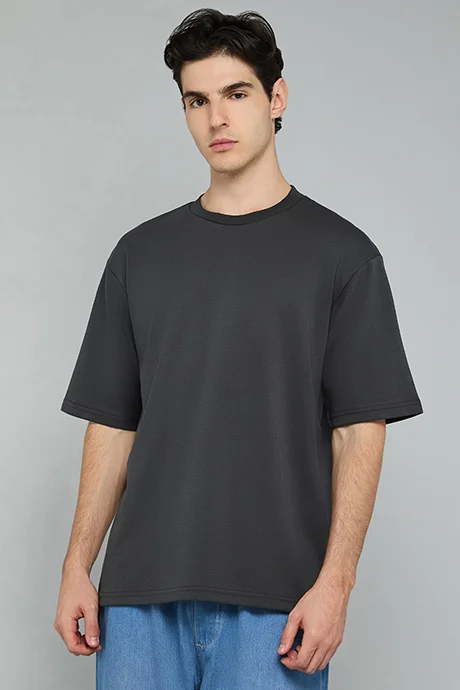 أر أند بي Solid T-Shirt with Crew Neck and Short Sleeves