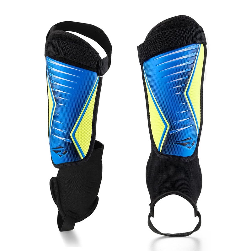 Rawxy Football Soccer Shin Guards with Exceptional Flexible Soft Light Weight - Great for Boys Girls Junior Youth(Blue Yellow, S&M) - Image 1