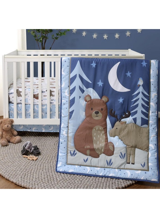 The Peanut Shell مجموعة سرير الأطفال من The Peanutshell 3 قطع للأولاد - مجموعة ديكور سرير حديثي الولادة، الرضع والأطفال مع ملاءة سرير مناسبة، غطاء مريح مع كشكش - تحت النجوم - Image 1