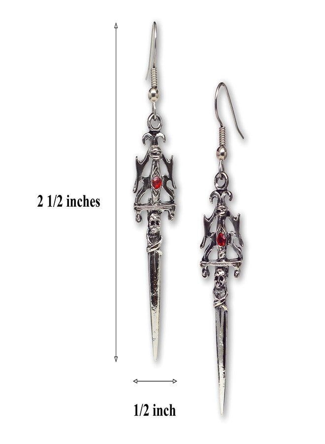 Real Metal Gothic Skull Dagger Medieval Renaissance Dangle Earrings with Red Austrian Crystals - Image 3