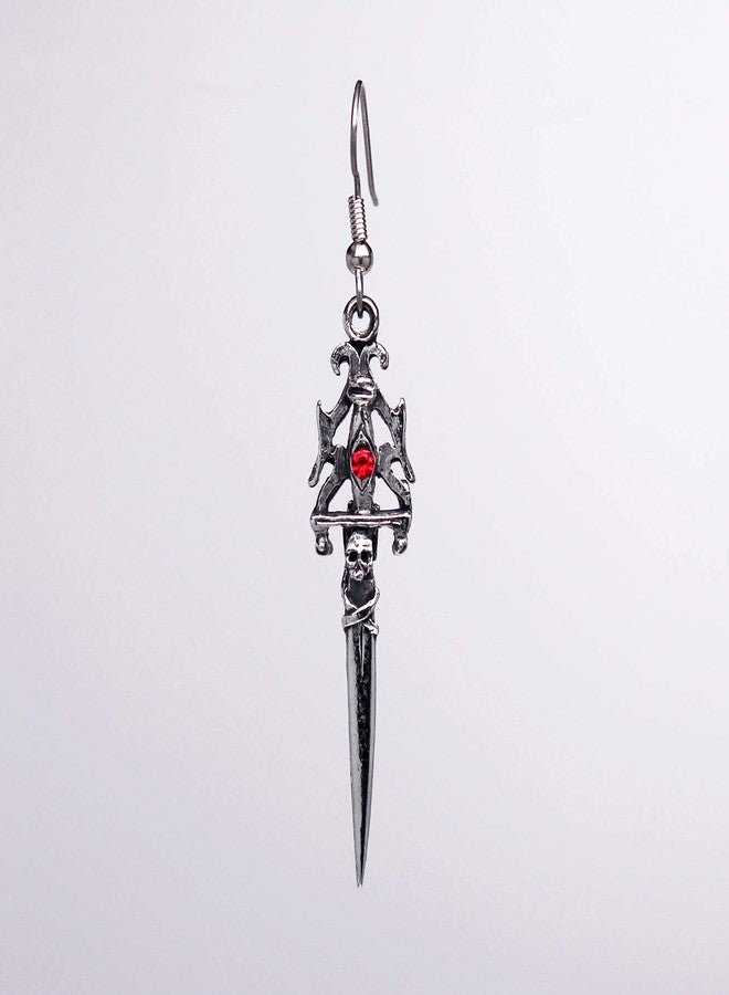 Real Metal Gothic Skull Dagger Medieval Renaissance Dangle Earrings with Red Austrian Crystals - Image 5