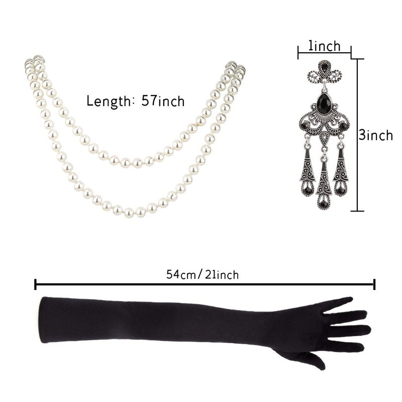 SAVITA 5pcs 1920s Flapper Accessories 20s Gatsby Costume Accessories Set for Women Headband Earrings Pearl Necklace Gloves Holder Silver - Image 2