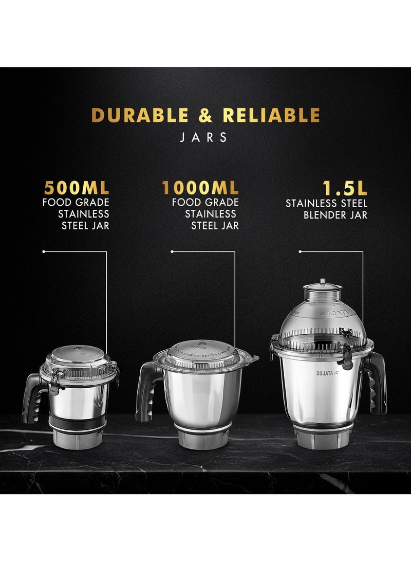Sujata MG02 Mixer Grinder 1000W with Double Ball Bearing Motor, 3 Stainless Steel Jars, Black - Image 2