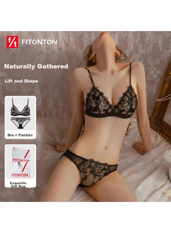 FitonTon Fitonton Sexy Push-up Bra Set With Thin Lace Bralette And Panties, No Steel Ring Bra, Gather Side Breast, Lace Lingerie Set 