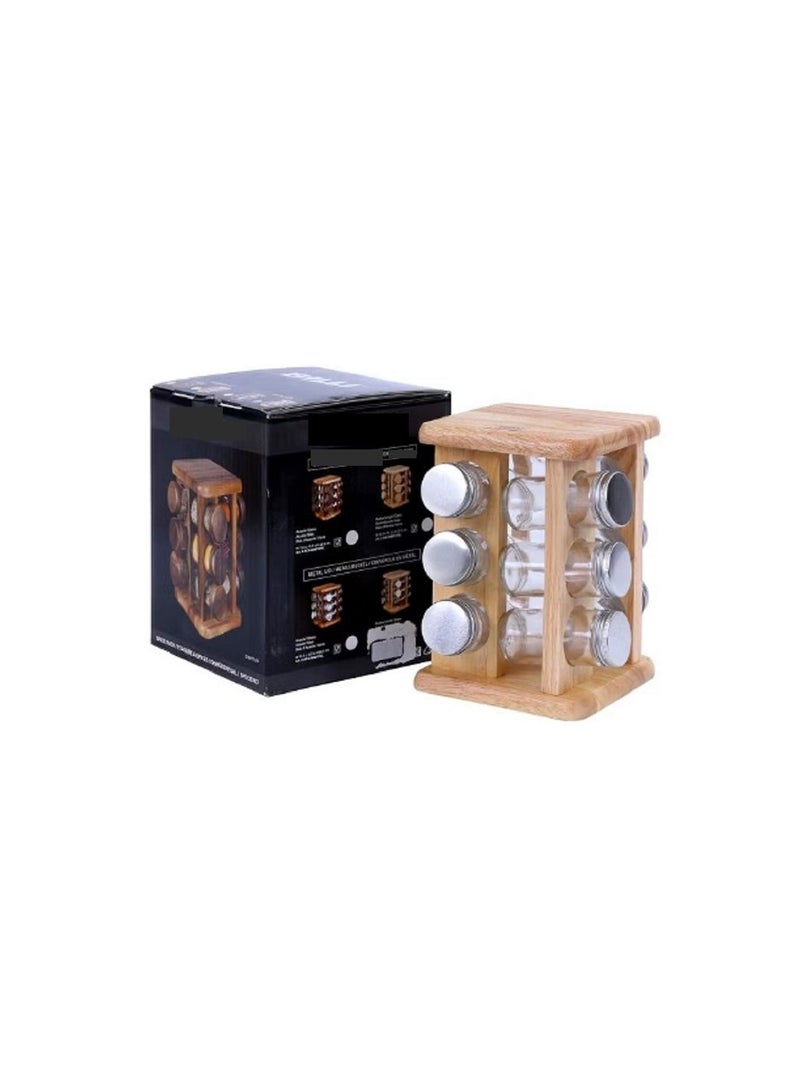 BILLI 12-Piece Spice Jar Set with Rotating Holder Brown