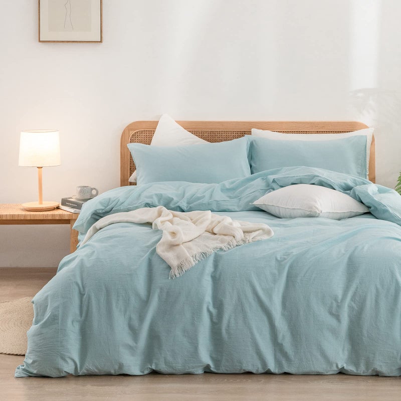 BESTOUCH Duvet Cover Set 100 Washed Cotton Linen Feel Super Soft Comfortable Chic Lightweight 3 PCs Home Bedding Set Solid Hushed Green King - Image 2