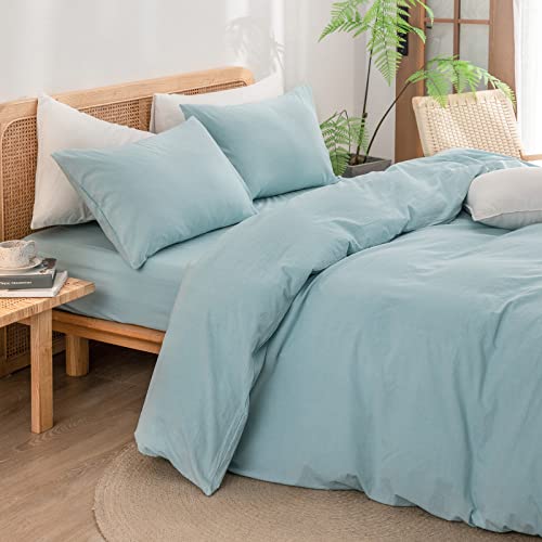 BESTOUCH Duvet Cover Set 100 Washed Cotton Linen Feel Super Soft Comfortable Chic Lightweight 3 PCs Home Bedding Set Solid Hushed Green King - Image 3