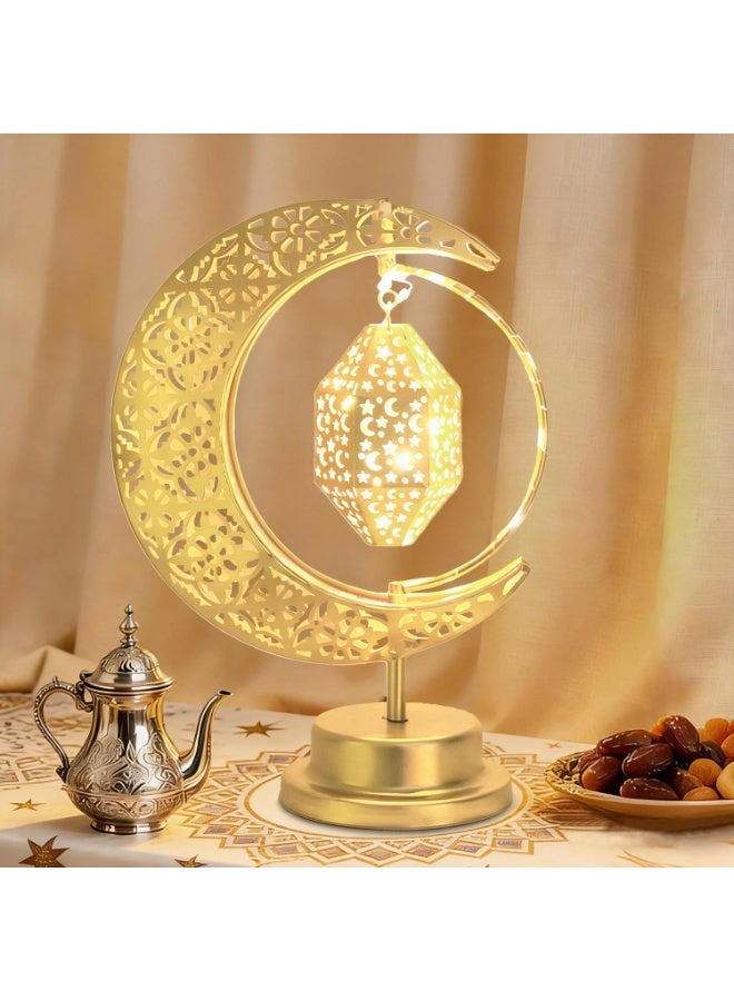 مصباح طاولة هلال رمضان من Lifnatty مع فانوس دوار، ديكور معدني يعمل بالبطارية لعيد مبارك - Image 3