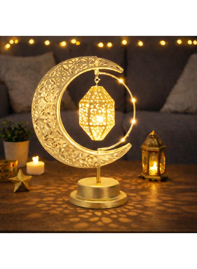 مصباح طاولة هلال رمضان من Lifnatty مع فانوس دوار، ديكور معدني يعمل بالبطارية لعيد مبارك - Image 1