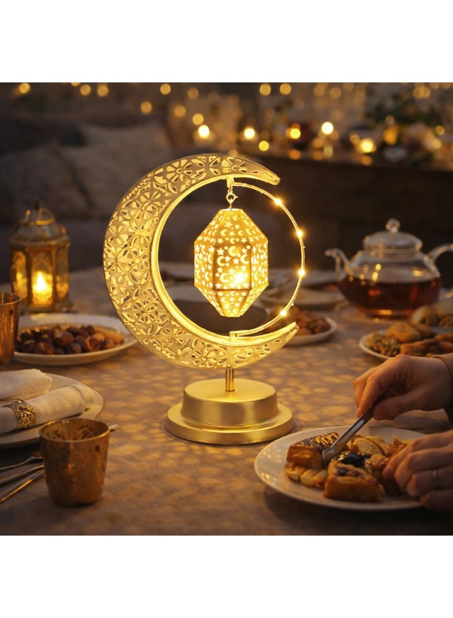 مصباح طاولة هلال رمضان من Lifnatty مع فانوس دوار، ديكور معدني يعمل بالبطارية لعيد مبارك - Image 4