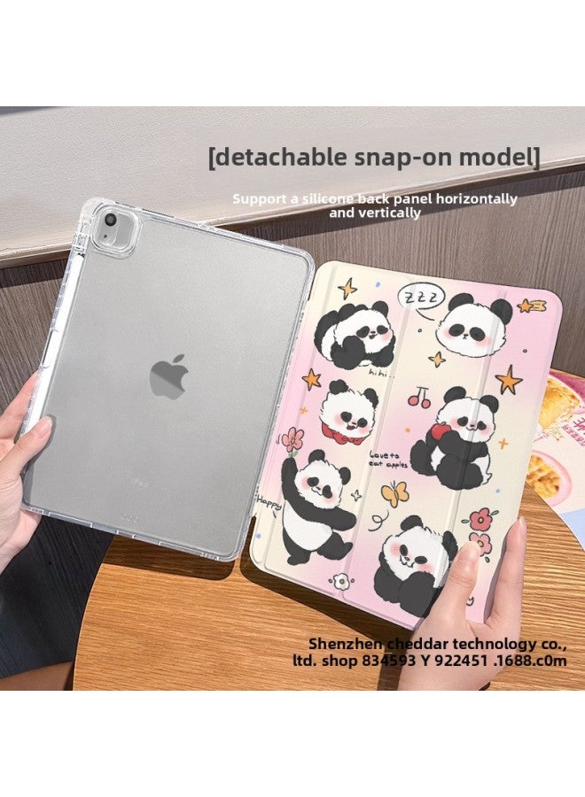 【Silicone X Lock Buckle Split】 Suitable For Ipadmini Protective Cover Air3/4 Panda 11-inch Three-fold Anti-fall Nine-Color:Buckle Split-horizontal And Vertical Support-silicone 70% Off Style + Pen Slot 【e7757 Flower-raising Panda】-Applicable Models:Ipad 11th Generation 2025 Model (11inch) - Image 1