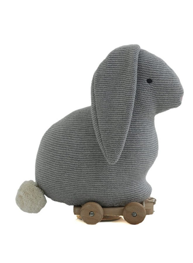 Pluchi Push & Pull Bunny Cotton Knitted Stuffed Soft Toys for Babies/Kids with Wooden Cart (Grey) - Image 1