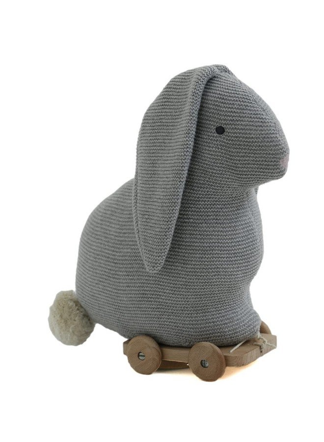 Pluchi Push & Pull Bunny Cotton Knitted Stuffed Soft Toys for Babies/Kids with Wooden Cart (Grey) - Image 2