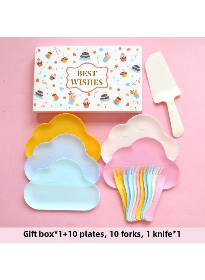 Birthday Dinner Plate Cake Tableware Food Grade Plastic Dinner Plate Disposable Paper Plate Candle Wet Wipes Four-in-one-Color:Basic Colorful Clouds For Ten People - Image 1