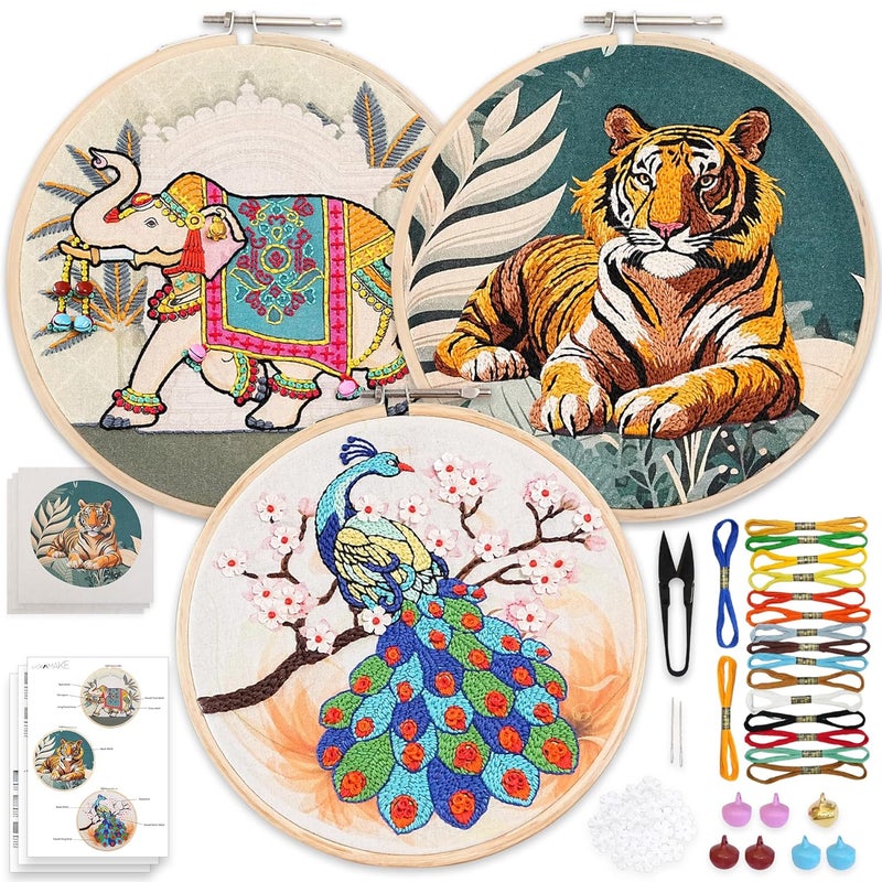 picknMAKE Combo of 3 Full DIY Hand Embroidery Kits for Beginners | Cross Stitch Kit for Adults & Kids | Pre-Printed Fabric Panels with Threads, Needles, Hoop, Sequins & Instruction Guide - Image 1