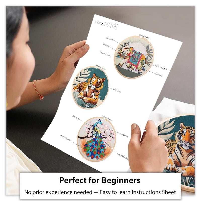 picknMAKE Combo of 3 Full DIY Hand Embroidery Kits for Beginners | Cross Stitch Kit for Adults & Kids | Pre-Printed Fabric Panels with Threads, Needles, Hoop, Sequins & Instruction Guide - Image 3