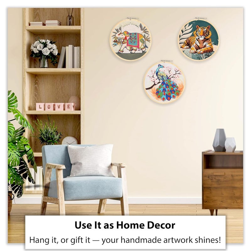 picknMAKE Combo of 3 Full DIY Hand Embroidery Kits for Beginners | Cross Stitch Kit for Adults & Kids | Pre-Printed Fabric Panels with Threads, Needles, Hoop, Sequins & Instruction Guide - Image 5