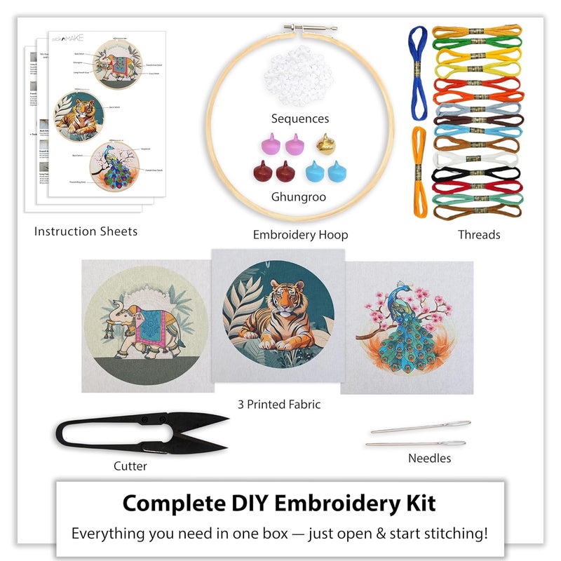 picknMAKE Combo of 3 Full DIY Hand Embroidery Kits for Beginners | Cross Stitch Kit for Adults & Kids | Pre-Printed Fabric Panels with Threads, Needles, Hoop, Sequins & Instruction Guide - Image 2